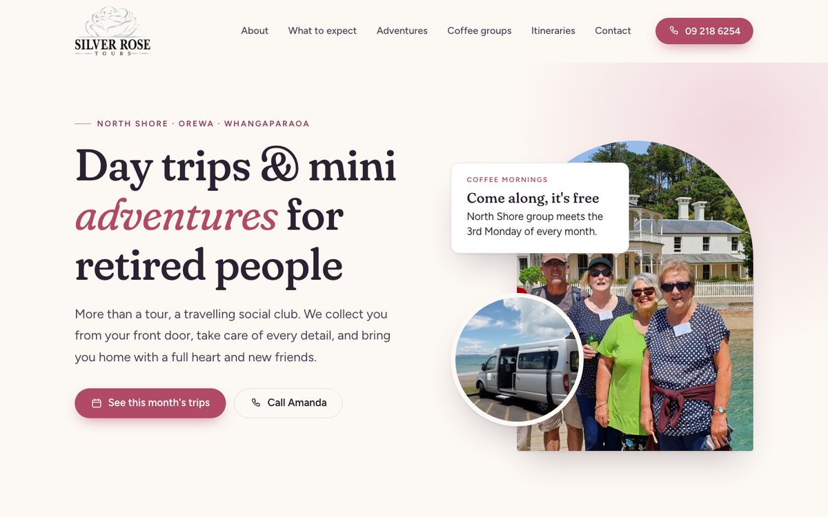Silver Rose Tours homepage: 'Day trips and mini adventures for retired people' with a photo of a smiling tour group