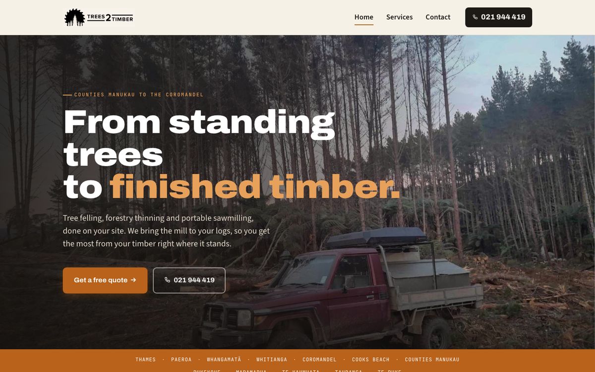 Trees2Timber homepage: 'From standing trees to finished timber' over a photo of a ute in a felled pine block
