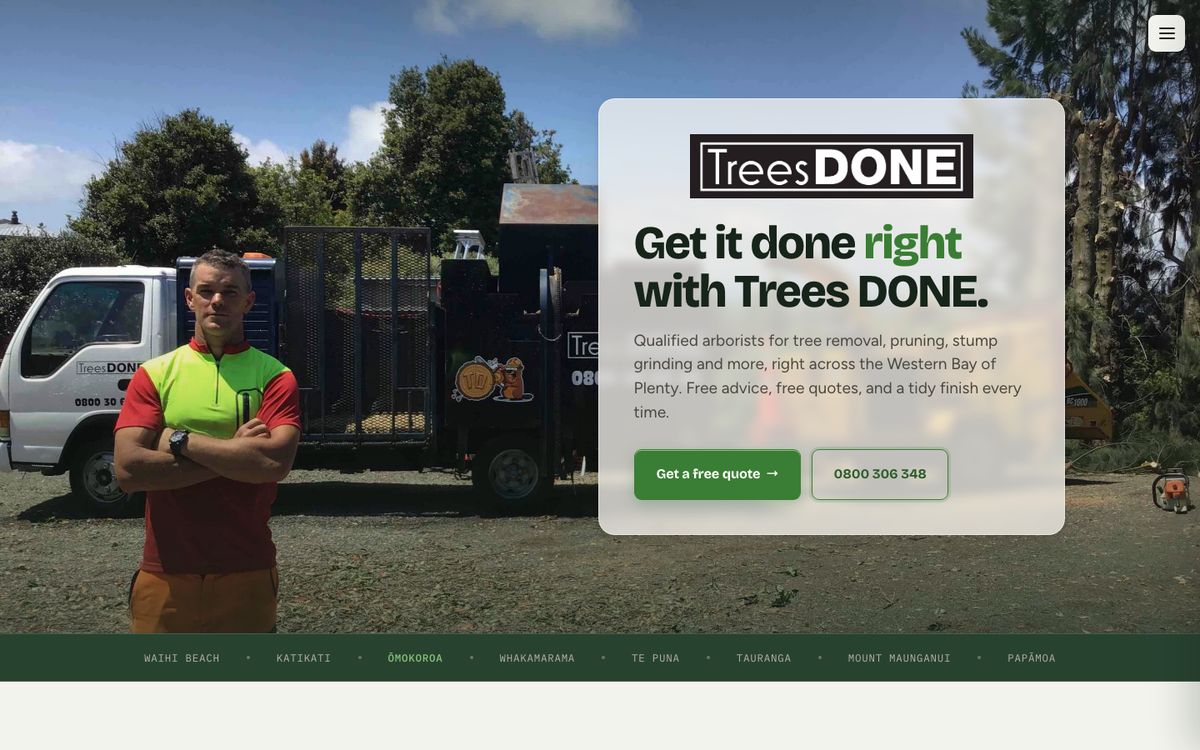 Trees DONE homepage: Shawn in front of the Trees DONE truck with the headline 'Get it done right with Trees DONE'